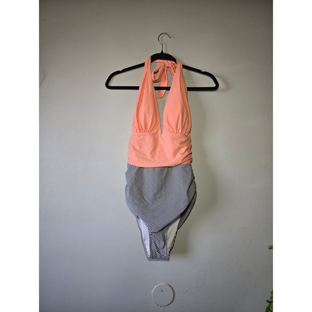 Cupshe Peach Halter One-Piece Swimsuit w/ Black White Stripe | Size S‎ | NWT